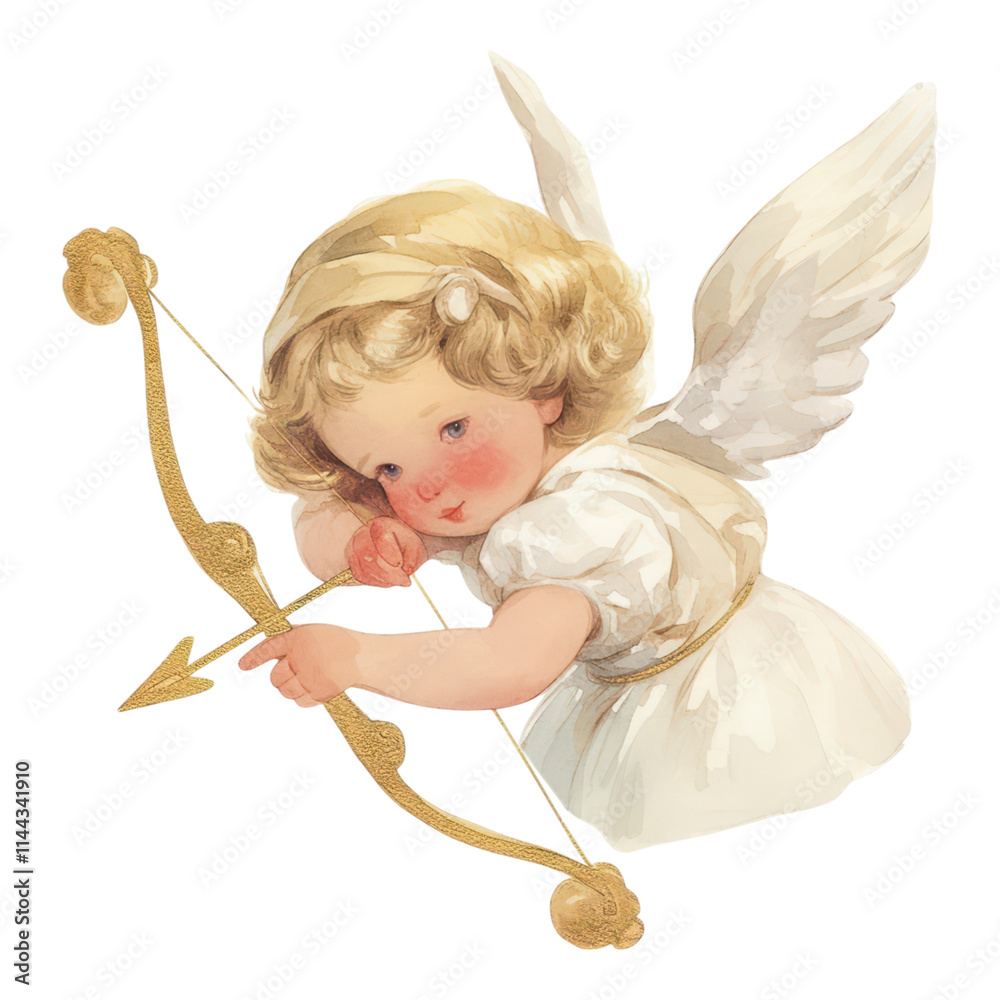 Obraz premium A cherubic angel with golden hair draws back a bow, preparing to shoot an arrow, embodying innocence and whimsy.