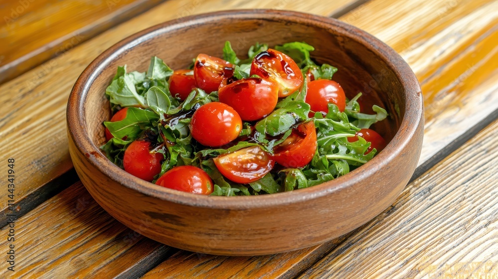 Fresh Arugula Salad with Cherry Tomatoes and Balsamic Glaze in Wooden Bowl