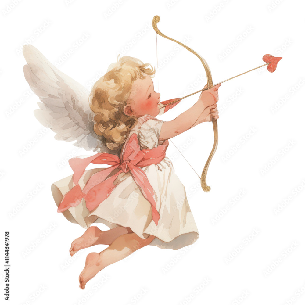 A cherubic figure with wings, dressed in a white gown, aims a bow and arrow adorned with a heart. A cherubic figure with wings, dressed in a white gown, aims a bow and arrow adorned with a heart.