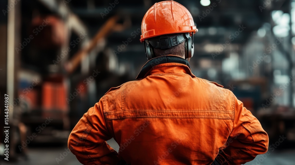 A worker in bright orange protective gear and hard hat stands with hands on hips, observing a bustling industrial environment filled with machinery and equipment. A worker in bright orange protective gear and hard hat stands with hands on hips, observing a bustling industrial environment filled with machinery and equipment.