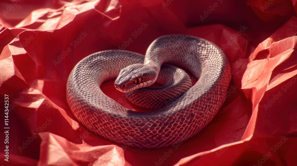 Fototapeta premium pastel colored snake coiled delicately on crumpled red paper, showcasing its intricate scales and striking eyes, creating captivating visual contrast