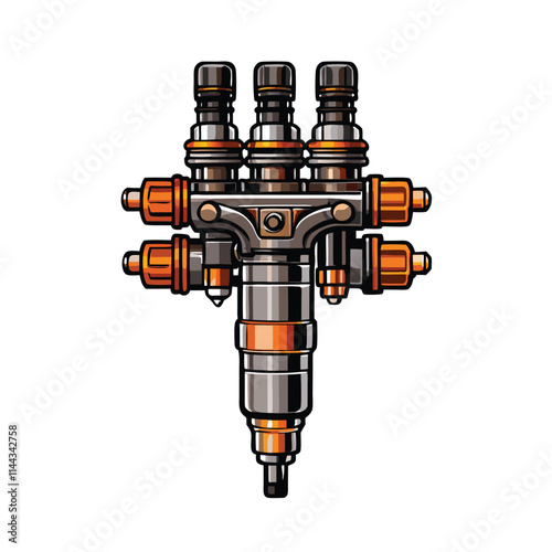 Close-up detailed shot of a high-pressure fuel injector, showcasing its intricate internal components and nozzle.  Highlight the precision engineering.