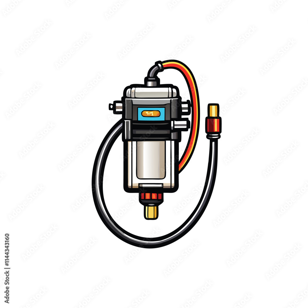 Close-up detailed image of a small, electric fuel pump, showcasing its compact design and electrical components. Highlighting its intricate details and functionality. Close-up detailed image of a small, electric fuel pump, showcasing its compact design and electrical components. Highlighting its intricate details and functionality.