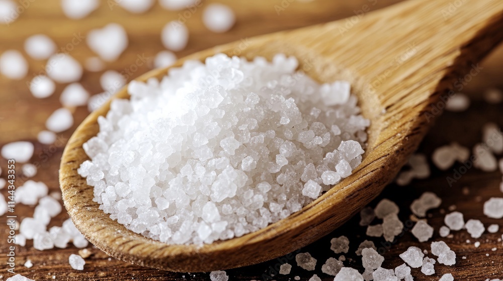 Close-up of coarse sea salt in wooden spoon for culinary use Close-up of coarse sea salt in wooden spoon for culinary use