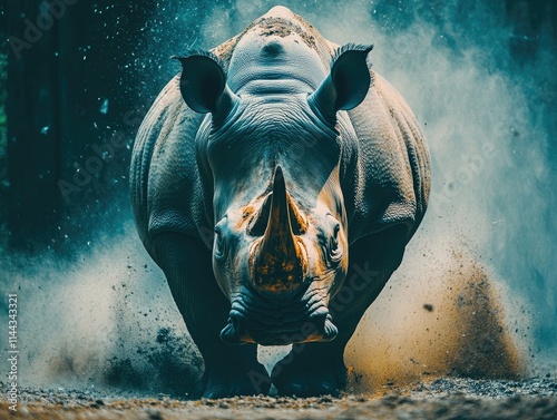 A powerful image of a rhinoceros in the wild savanna. photo