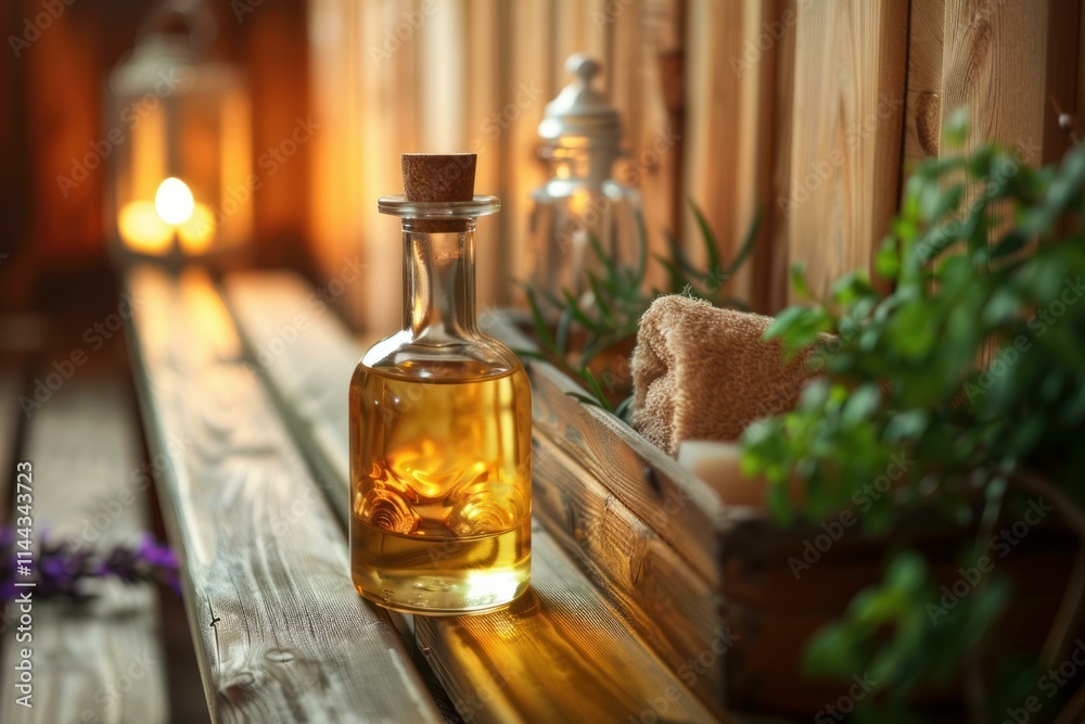 Bottle of massage oil is sitting on a wooden bench in a sauna, with a towel and other spa items in the background Bottle of massage oil is sitting on a wooden bench in a sauna, with a towel and other spa items in the background