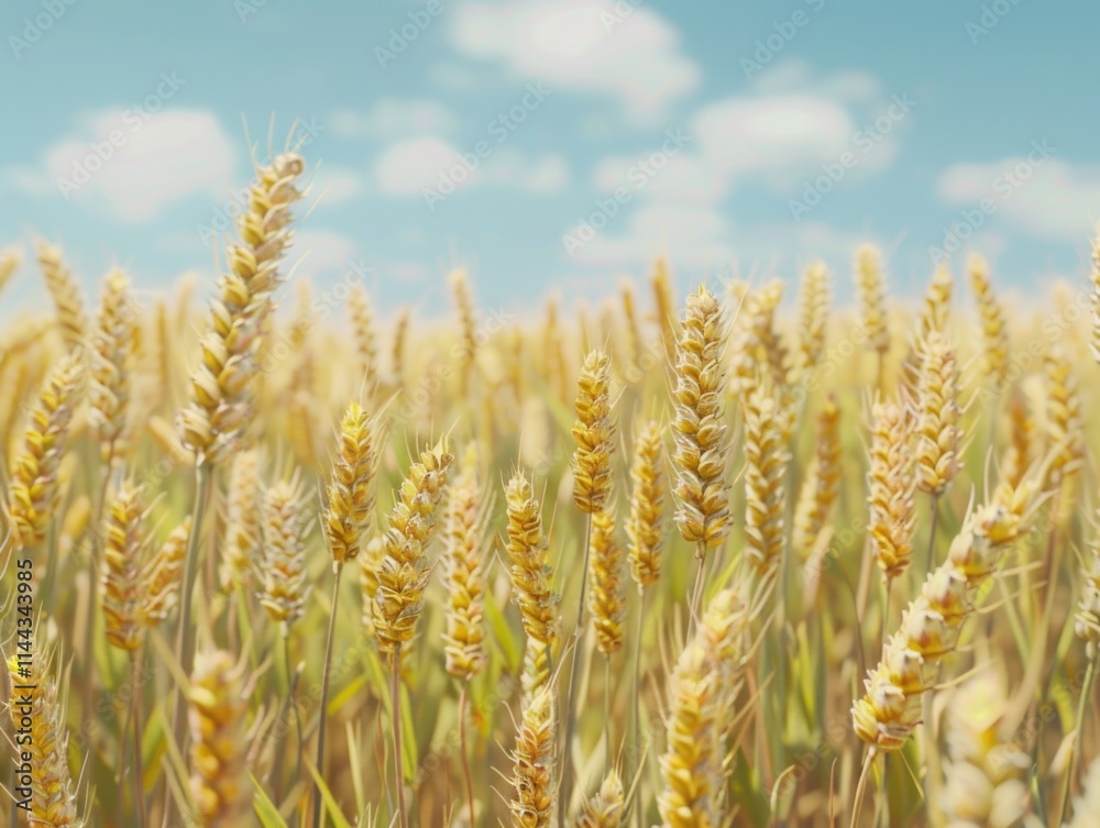 Field of golden wheat with a blue sky in the background. The wheat is tall and golden, and the sky is clear and bright. Concept of abundance and growth, as the wheat is thriving in the open field