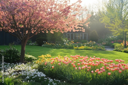 Fototapeta Naklejka Na Ścianę i Meble -  Vibrant tulips and a flowering cherry blossom tree illuminate a picturesque garden in the refreshing light of spring
