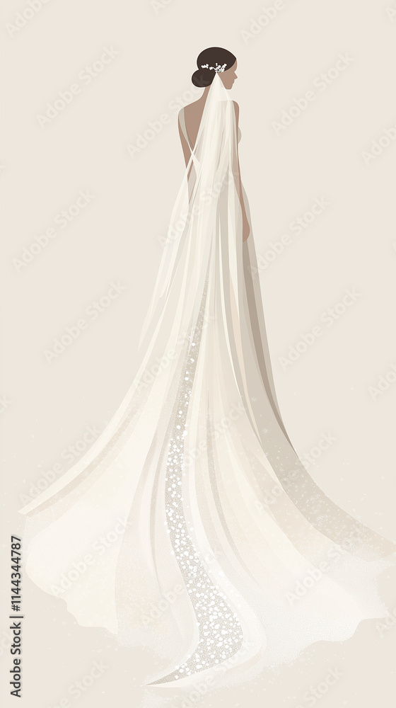 Bridal gown illustration with a long flowing veil Bridal gown illustration with a long flowing veil