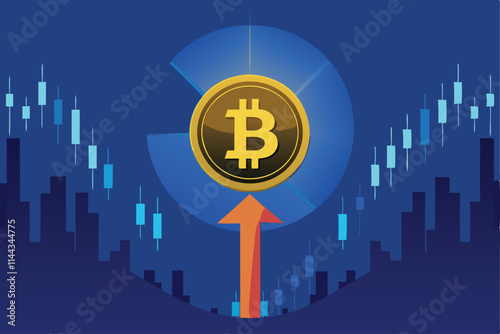 Create a clean, minimalist vector graphic of a Bitcoin symbol ascending on a dynamic upward trajectory, suggesting growth and success.