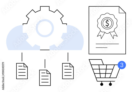 Cloud with gear icon connecting to documents, financial certificate with dollar icon and ribbon, shopping cart with notification number 3. Ideal for document storage, finance, online shopping
