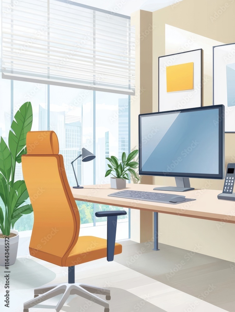 Fototapeta premium Modern office workspace with an orange chair, computer, and plants in a bright setting.