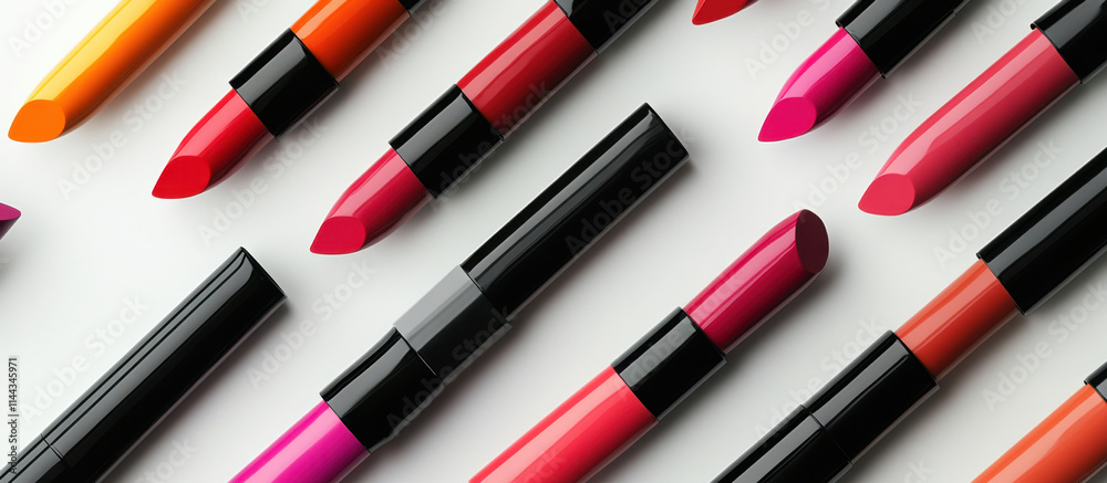 Vibrant lipsticks in various designs arranged neatly, showcasing spectrum of colors from bold reds to bright oranges, perfect for any makeup lover Vibrant lipsticks in various designs arranged neatly, showcasing spectrum of colors from bold reds to bright oranges, perfect for any makeup lover