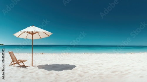 Fototapeta Naklejka Na Ścianę i Meble -  An aesthetic scene featuring a solitary beach umbrella standing tall on white sands, casting a distinct shadow in the midday sun, with azure sea in the distance.