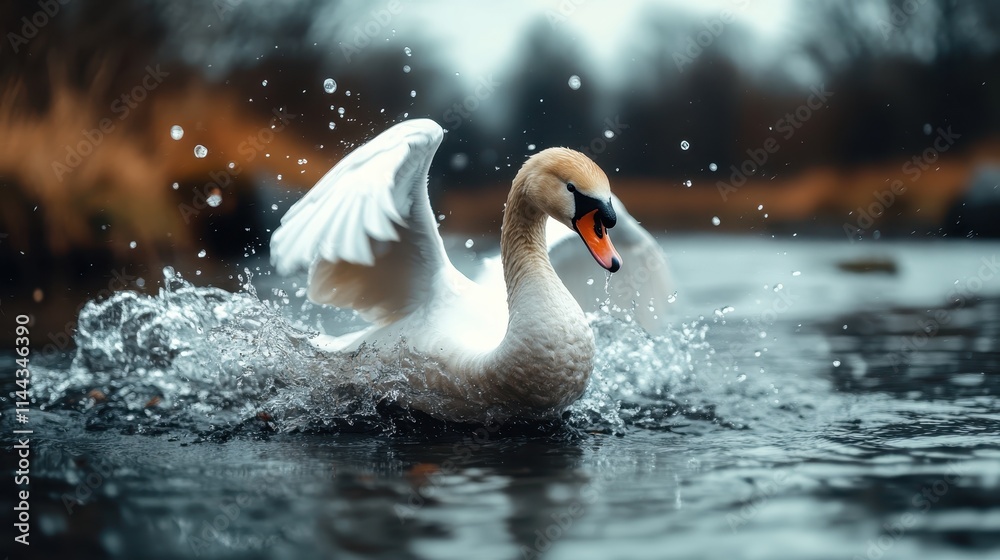 Fototapeta premium A graceful white swan energetically splashes in clear water, showcasing elegance and vitality, surrounded by the serene beauty of nature on a calm day.