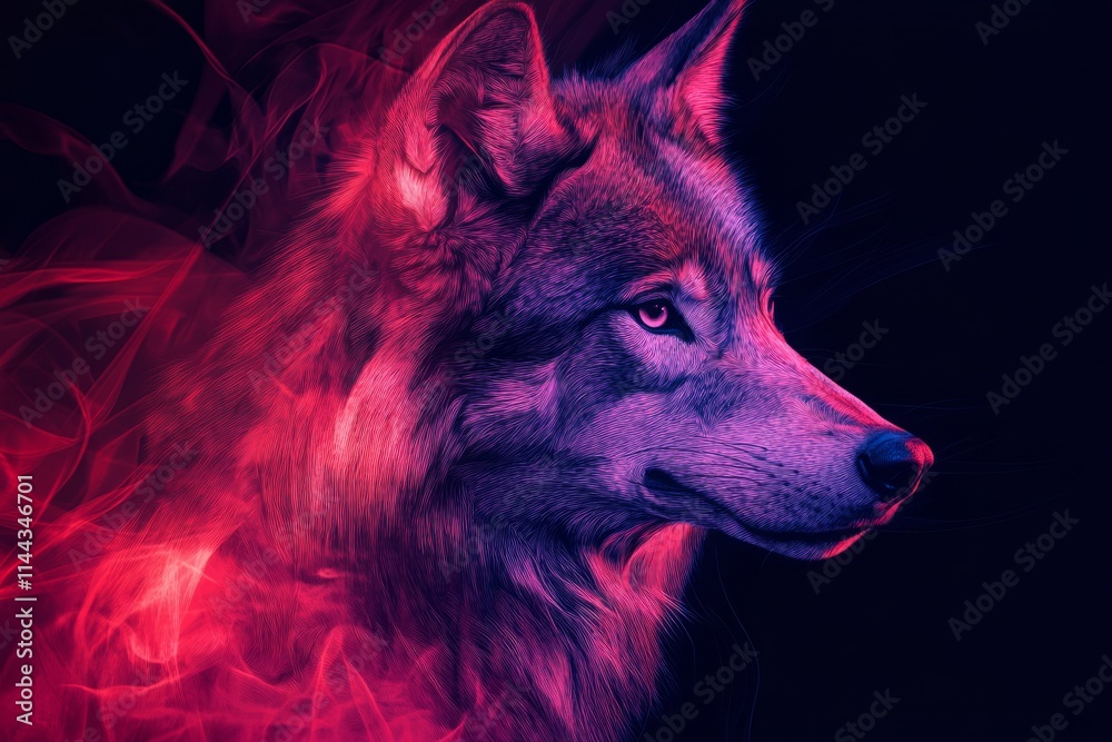 Majestic wolf portrait emerges from a vibrant backdrop of red and purple smoke, creating a captivating and mystical atmosphere Majestic wolf portrait emerges from a vibrant backdrop of red and purple smoke, creating a captivating and mystical atmosphere