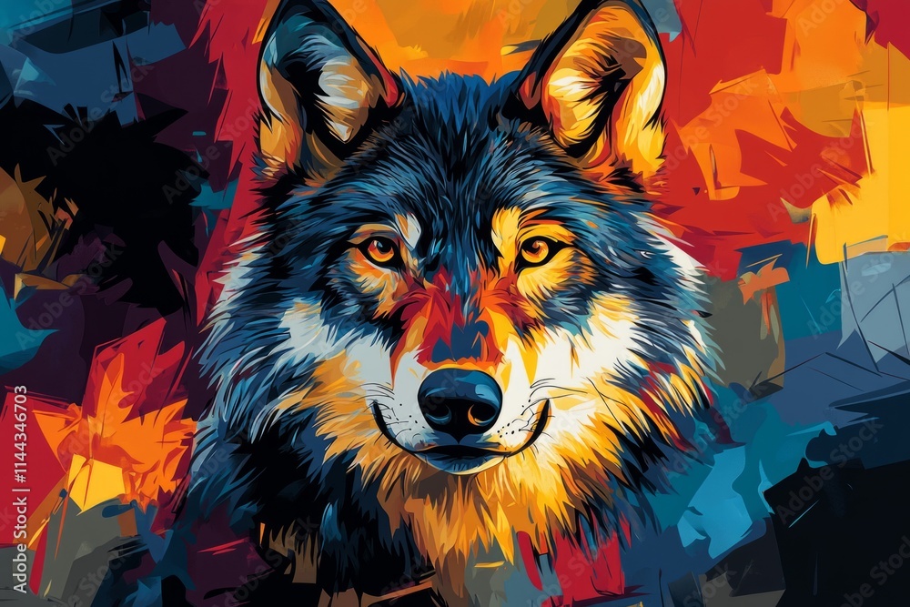 Fototapeta Colorful portrait of a wolf emerging from a vibrant, abstract background, creating a striking visual