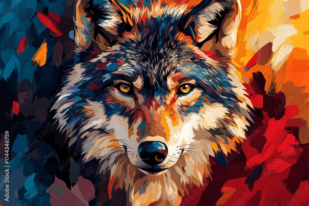 Powerful digital painting of a wolf, blending cool blues and fiery oranges, creating a striking visual contrast Powerful digital painting of a wolf, blending cool blues and fiery oranges, creating a striking visual contrast