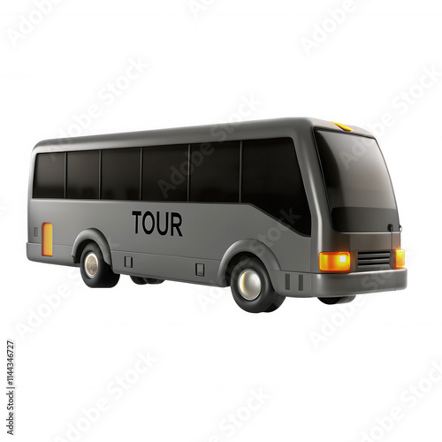 A realistic 3D rendered bus model designed for tourism, featuring a sleek grey body and a prominent 'TOUR' label. Ideal for transportation icons.