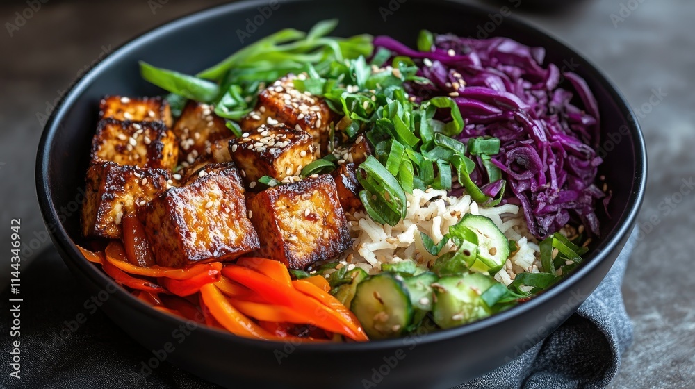 A vibrant stir-fry featuring crispy air-fried tofu and colorful vegetables, served in a black wok A vibrant stir-fry featuring crispy air-fried tofu and colorful vegetables, served in a black wok