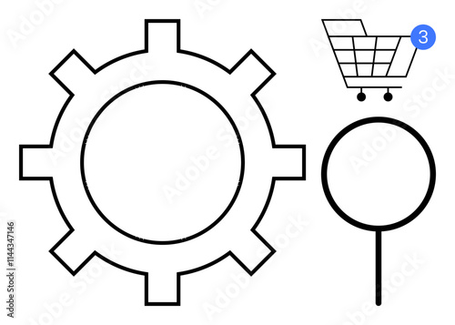 Gear symbol, shopping cart with notification indicator, and magnifying glass. Ideal for technology, online shopping, search function, settings, e-commerce notifications and UIUX design. Line