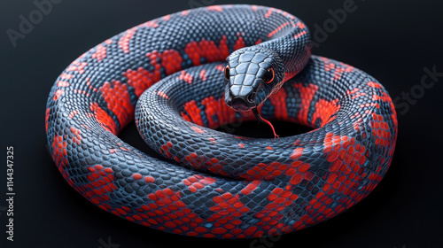 vibrant red and black snake coiled on dark background, showcasing its striking scales and intricate patterns. snake tongue flicks out, adding dynamic touch to scene photo