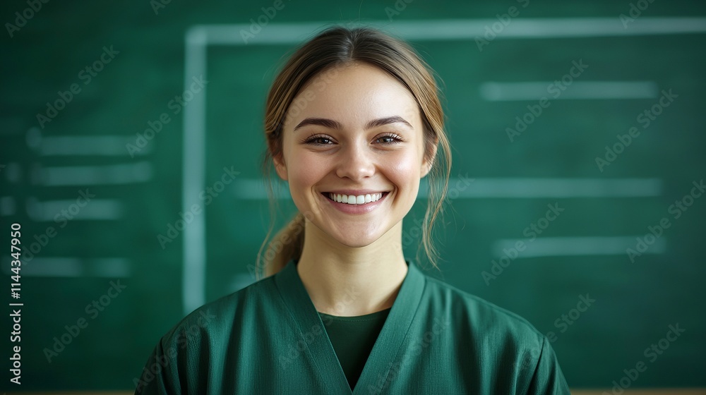 Smiling woman in a green uniform stands in front of a classroom chalkboard. Smiling woman in a green uniform stands in front of a classroom chalkboard.