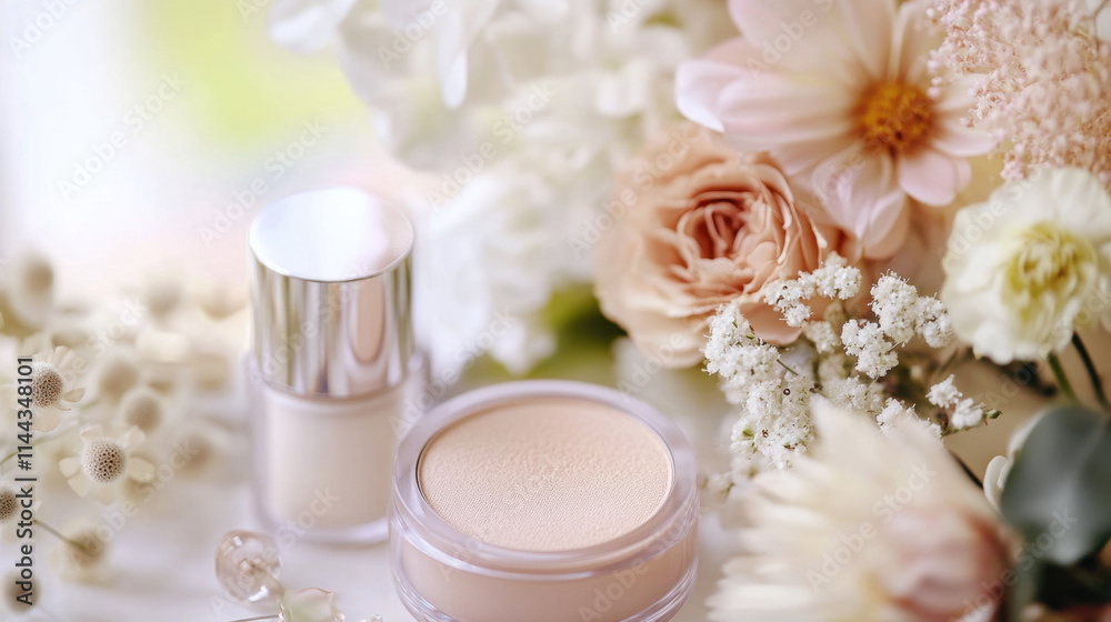 pristine bridal makeup setup featuring elegant cosmetics and soft floral arrangements, creating romantic and serene atmosphere for special occasions pristine bridal makeup setup featuring elegant cosmetics and soft floral arrangements, creating romantic and serene atmosphere for special occasions