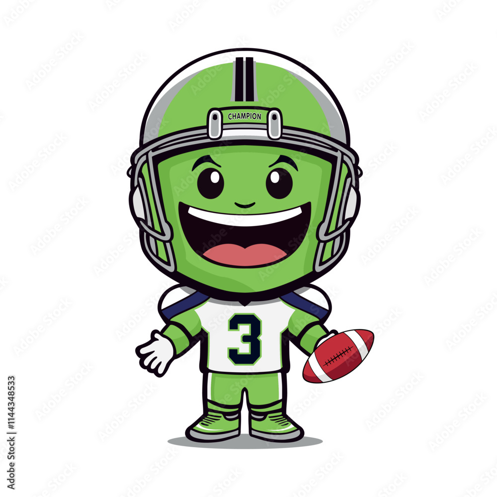 A cheerful rugby player mascot wearing a green helmet with blue stripes, a white jersey with the number 3, and holding a rugby ball. The character is smiling widely. A cheerful rugby player mascot wearing a green helmet with blue stripes, a white jersey with the number 3, and holding a rugby ball. The character is smiling widely.