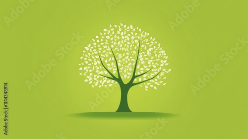 Stylized tree with white leaves on lime green background. Represents nature, growth, and environmental themes. photo