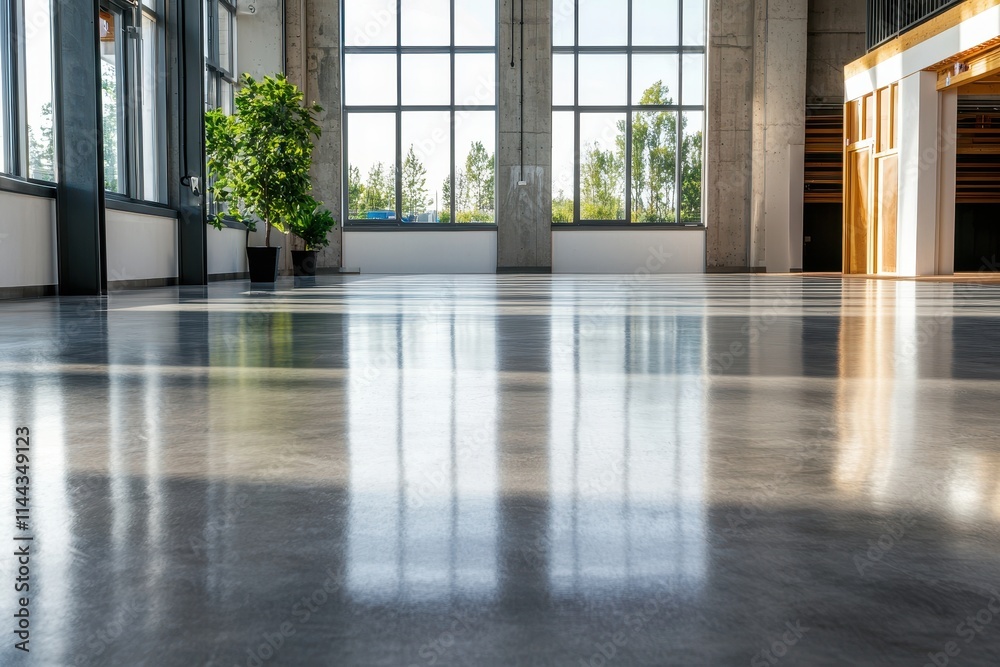 Bright Modern Interior with Concrete Floor and Large Windows Bright Modern Interior with Concrete Floor and Large Windows