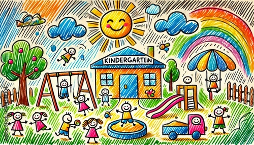A cheerful children's drawing of a kindergarten scene.