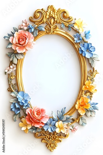 Ornate floral picture frame with vibrant roses and blue flowers.
