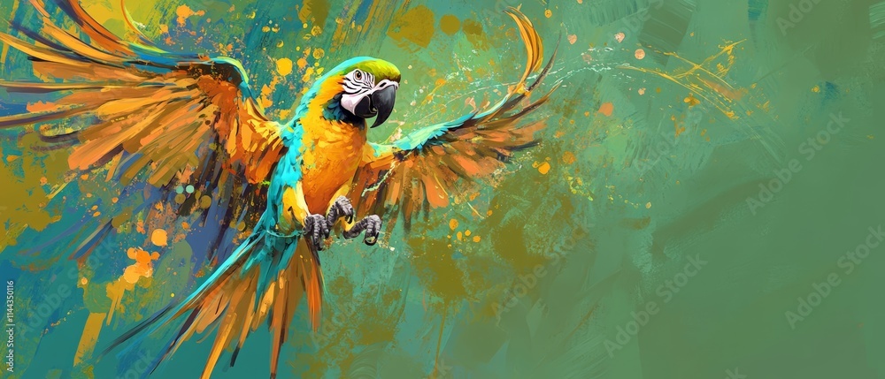 Fototapeta Vibrant Macaw Parrot Flying in Colorful Abstract Background | Tropical Bird Art for Nature and Wildlife Themes