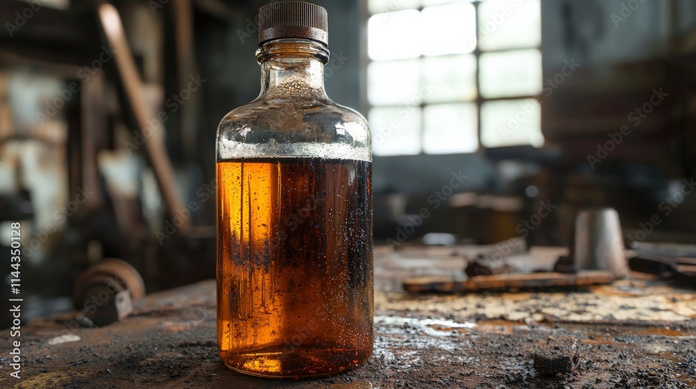 Rust penetrating oil bottle on workbench workshop industrial product grimy environment close-up view maintenance tool Rust penetrating oil bottle on workbench workshop industrial product grimy environment close-up view maintenance tool