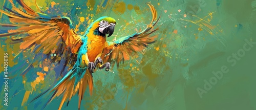 Vibrant Macaw Parrot Flying in Colorful Abstract Background | Tropical Bird Art for Nature and Wildlife Themes photo