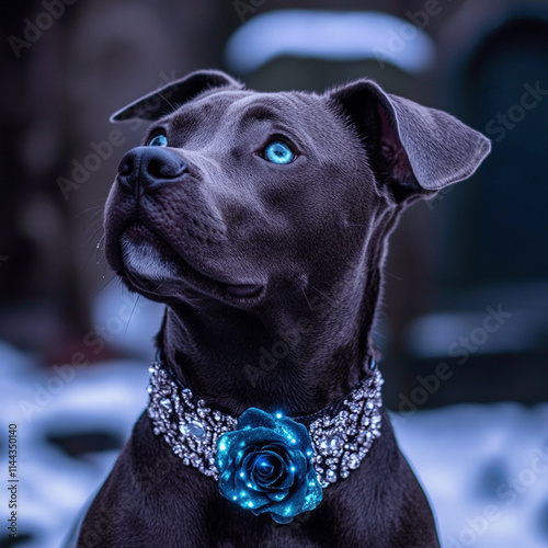 pit bull wearing a collar blue glowy rose photo