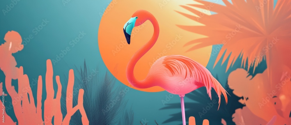 Naklejka premium Vibrant Pink Flamingo in Tropical Paradise with Lush Foliage and Sunset - Colorful Digital Art for Nature and Wildlife Themes