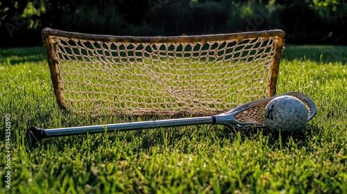 Lacrosse Stick Ball and Goal in Grass photo