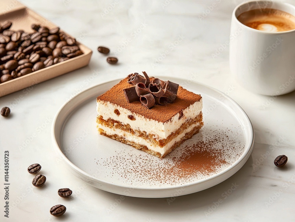Delicious Tiramisu Cake Slice on Plate with Coffee Beans and Espresso in Background Delicious Tiramisu Cake Slice on Plate with Coffee Beans and Espresso in Background