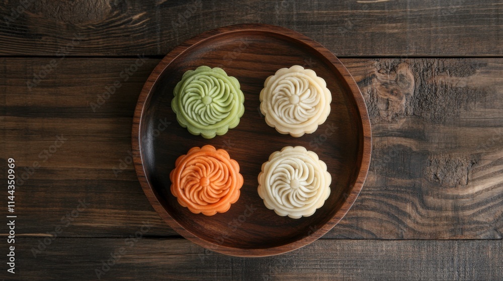 Traditional Mooncakes Arranged on Rustic Plate