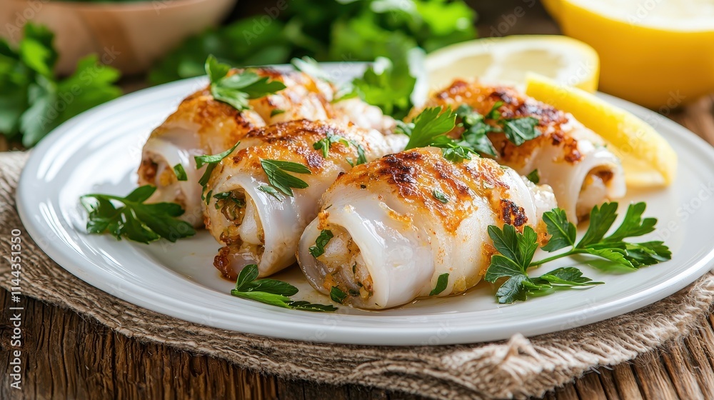 Delicious Stuffed Squid Rolls with Fresh Herbs and Lemon on a Rustic Plate Delicious Stuffed Squid Rolls with Fresh Herbs and Lemon on a Rustic Plate