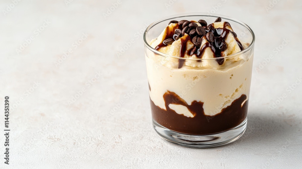 Creamy dessert in glass with chocolate sauce and coffee beans on light background Creamy dessert in glass with chocolate sauce and coffee beans on light background