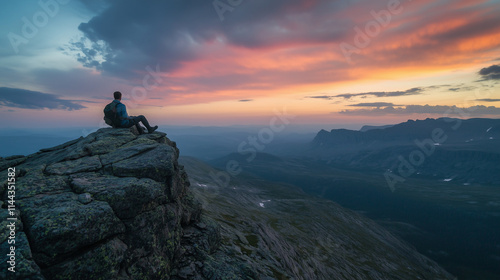 Hiker on a high crag, silhouetted against the sky, with the world's edge seemingly at his feet at sunset