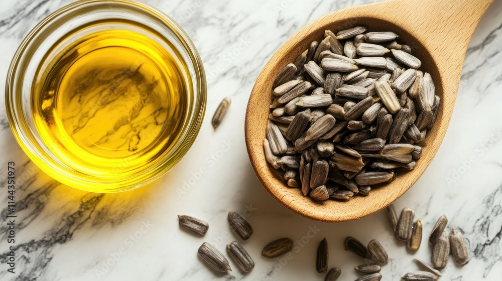 A wooden spoon filled with sunflower seeds next to a bowl of sunflower oil on a marble background A wooden spoon filled with sunflower seeds next to a bowl of sunflower oil on a marble background