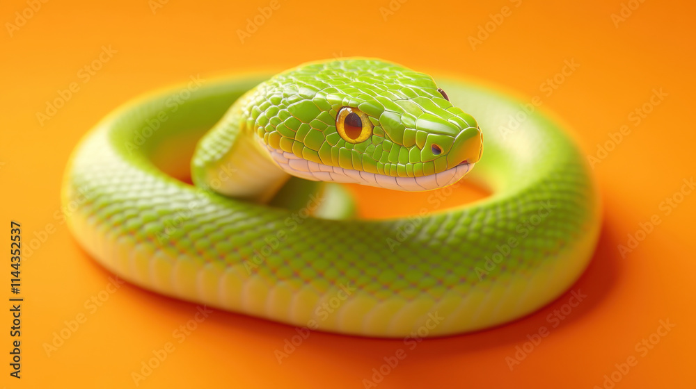 Fototapeta premium vibrant green snake gracefully coiled on bright orange background, showcasing its striking scales and vivid colors. This captivating image highlights beauty of nature