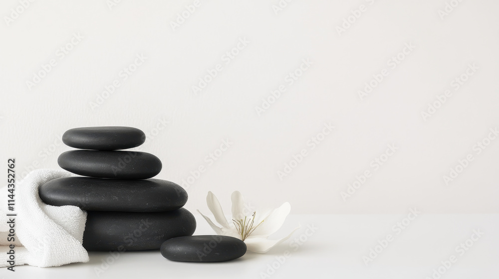 Obraz premium Relaxing black stones stacked with white towel and flower, perfect for spa and wellness settings. Ideal for massage therapy and relaxation