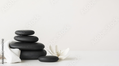 Relaxing black stones stacked with white towel and flower, perfect for spa and wellness settings. Ideal for massage therapy and relaxation