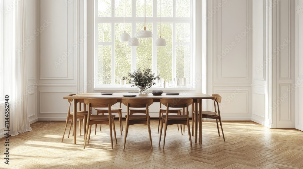 Obraz premium Bright dining area with light oak parquet floors, mid-century modern furniture, and a centerpiece on a sleek table