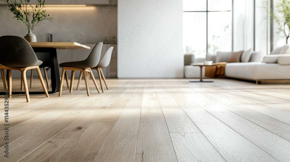 Bright dining area with light oak parquet floors, mid-century modern furniture, and a centerpiece on a sleek table